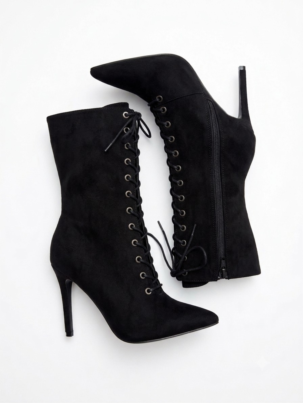 Anne Michelle Black Lace-Up Pointed Stiletto Ankle Boots